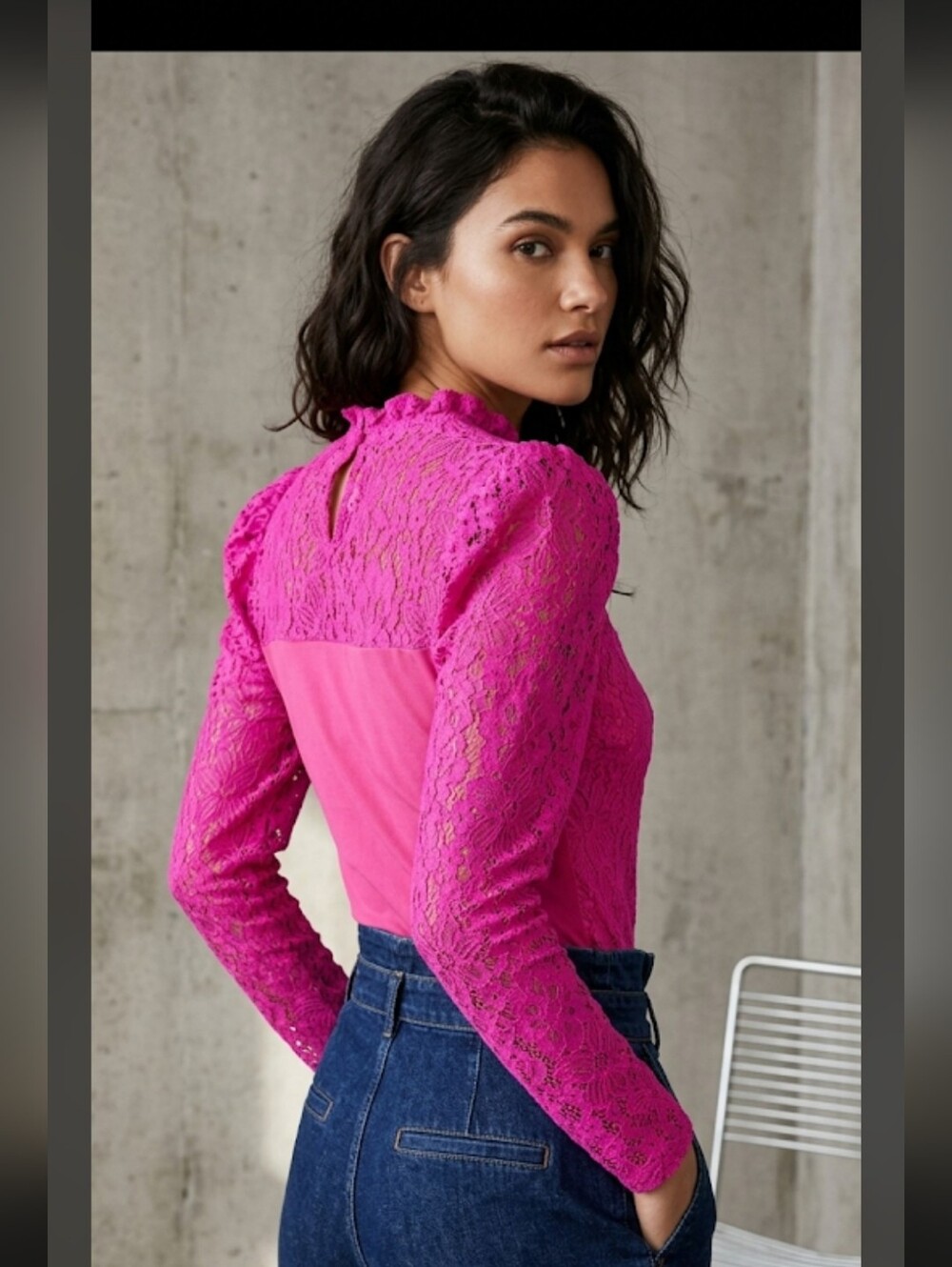 New York & Company NWT  Hot Pink/ Fuchsia Lace Long-Sleeve Top P2P 17